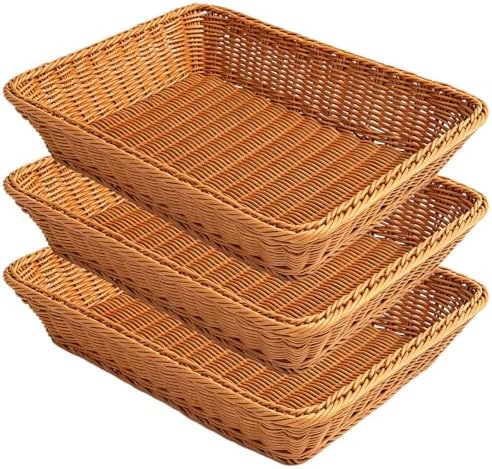 3pcs Large Wicker Bread Basket for Party, Rectangle Woven Fruit Basket, Gift Baskets Empty, Sturdy Durable Stackable Storage Baskets for Kitchen, Store, Restaurant, Party (Brown, L) by Unknown