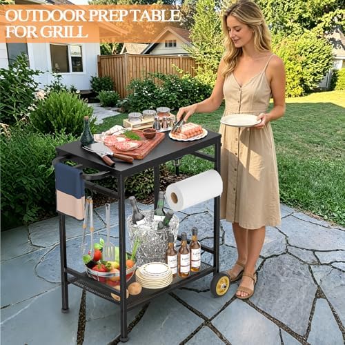 2-Tier Outdoor Grill Table with Wheels, Movable Cooking Food Prep Table for Outside BBQ Gathering, with 23.62" Lx 15.75" W Rust-resistant Tabletop, Griddle Stand for Patio & Backyard & Tools Room - Image 5