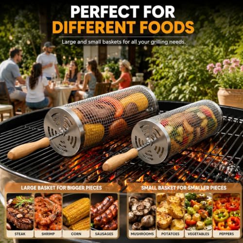 Rolling Grill Basket Set, 2 Nesting 304 Stainless Steel Baskets - Image 3