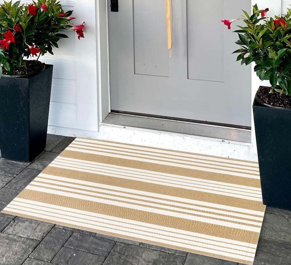 Fall Striped Outdoor Rug 24"x35"Khaki and White Washable Door Mat Outdoor - Image 6