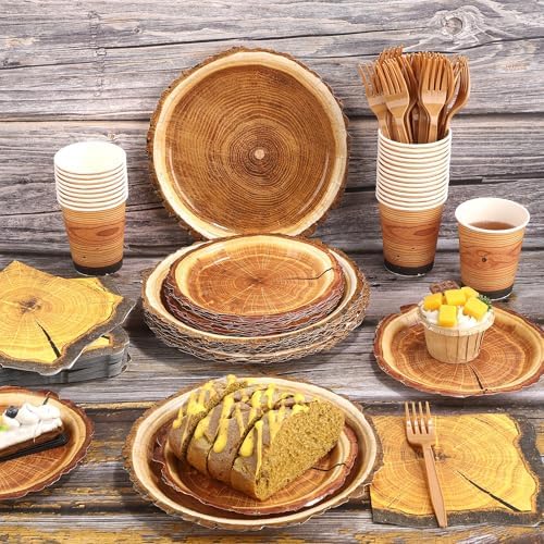 Kochorie 144 Pieces Rustic Wood Party Supplies, Wood Grain Slice Tableware Sets Including Disposable Paper Plates Napkins Cups Forks Serves 24 for Camping Birthday Forest Themed Party Decorations - Image 4