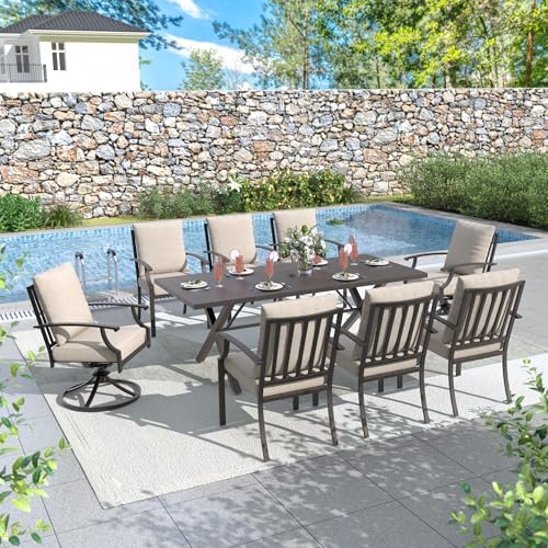 ALAULM 9-Piece Patio Dining Table and Chairs for 8 Outdoor Dining Set with 2 Swivel Chairs Patio Dining Sets with Rectangular Metal Table with Umbrella Hole for Patio, Backyard, Garden-Sand - Image 2