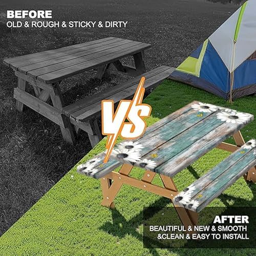 Daisy Flowers Picnic Table Cover with Bench Covers and Bag, Camping Essentials, Wooden Grain Waterproof Windproof, Fitted Tablecloth Cover with Elastic Edge, for Indoor & Outdoor, 3 PCS, 30x96 Inch - Image 5
