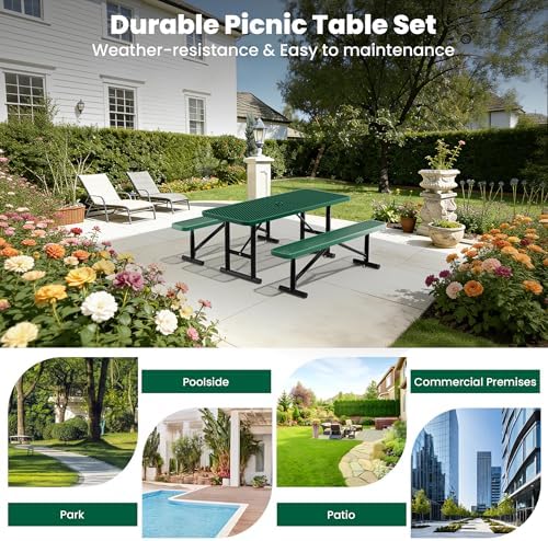 6FT Metal Picnic Tables for Outdoors, Commercial Rectangular Picnic Table for Outside, Park, Campfield, Patio, Garden, Yard, Thermoplastic Coating, Surface Mounted, Green - Image 6
