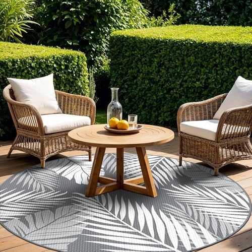GENIMO Outdoor Rug, Waterproof Plastic Rugs for Patio, 10' Round Grey White by GENIMO