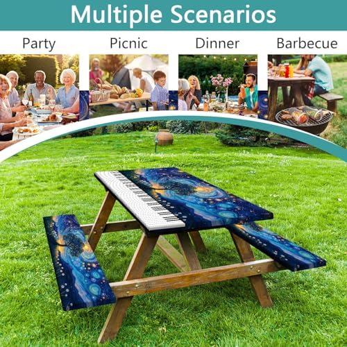 Piano Keyboard Picnic Table Cover with Bench Covers, Camping Essentials, Whirlpool Star Tree Flower Waterproof Windproof, Fitted Tablecloth Cover with Elastic Edge for Outdoor Garden 3 PCS 30x60 Inch - Image 3