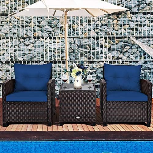 Tangkula 3 Pieces Patio Furniture Set, PE Rattan Wicker 3 Pcs Outdoor Sofa Set w/Washable Cushion and Tempered Glass Tabletop, Conversation Furniture for Garden Poolside Balcony (Blue) - Image 2