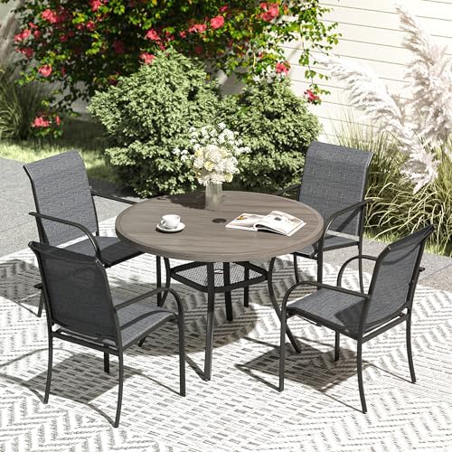 VICLLAX 5 Pieces Patio Dining Set, Outdoor Furniture Set Includes 41.2" Round Patio Table and 4 Patio Sling Chairs, Grey Wood-Like Tabletop and Dark Grey Fabric by HOME