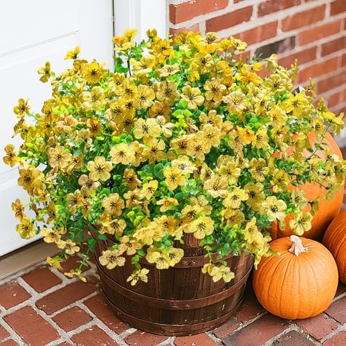 Daisy Artificial Flowers for Outdoors Decor, 12 Bundles Faux Daisy with Eucalyptus Fake Plants Greenery UV Resistant Look Real Colorful Faux Flowers for Outside Planter Porch Patio Gardens, Yellow - Image 4