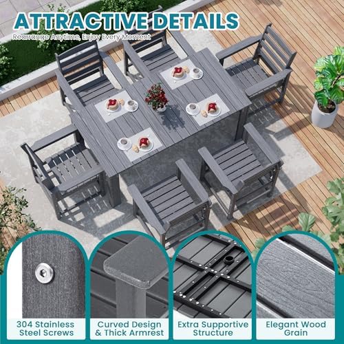 Dining Table Set, 7-Piece HDPE Outdoor Dining Set for 6, Gray - Image 4