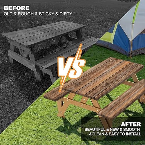 Farmhouse Picnic Table Cover with Bench Covers Camping Essentials Brown Wood Grain Waterproof Windproof Camping Tablecloth Fitted Tablecloth Cover with Elastic Edge for Indoor Outdoor 3 PCS 30x96 Inch - Image 4
