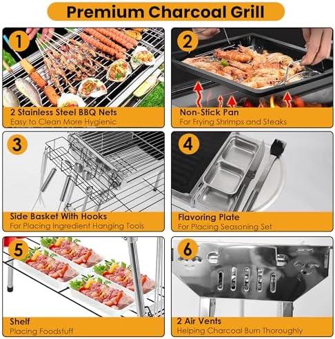 Portable Charcoal Grill, Large Stainless Steel Folding BBQ Grill with Storage Shelf, Foldable Barbecue Grill for Outdoor Cooking Camping Hiking Backyard Garden Picnic Parties Kabob (39x13.4x28 Inch) - Image 6