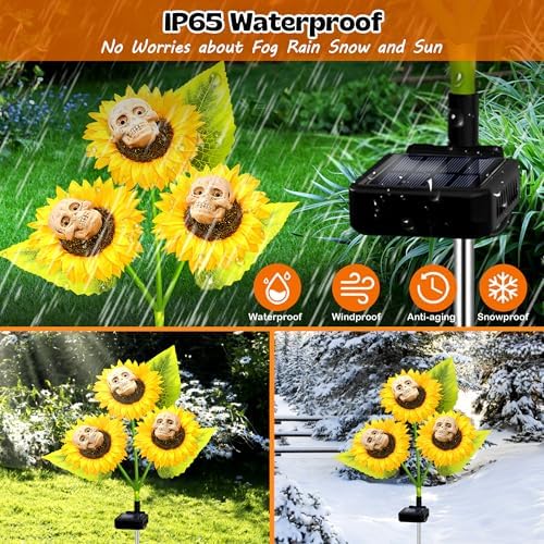 Halloween Decorations Outdoor, 3 Pack Solar Scary Skull Sunflowers Lights,Waterproof Solar Flowers Lights Garden Decor for Halloween Yard Patio Lawn Party Decor - Image 3