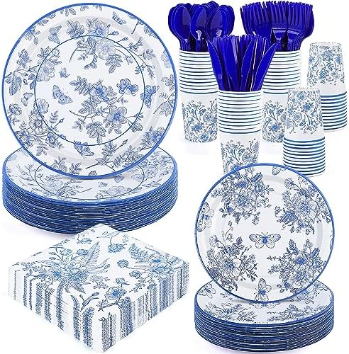 durony 350 Pieces Blue & White Floral Party Supplies 7 Inch 9 Inch Disposable Elegant Flower Paper Plates Napkins Cups Tableware Set for Wedding Baby Shower Birthday Party Chinoiserie Decor, Serve 50 by durony