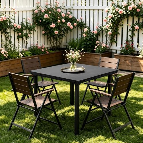 35.4" Square HDPE Wood Grain Patio Dining Table, Heavy Duty Galvanized Metal Frame, 300 LBS Weather Resistant Rustproof Outdoor Table for Backyard Garden Deck Porch, Black Woodgrain - Image 2