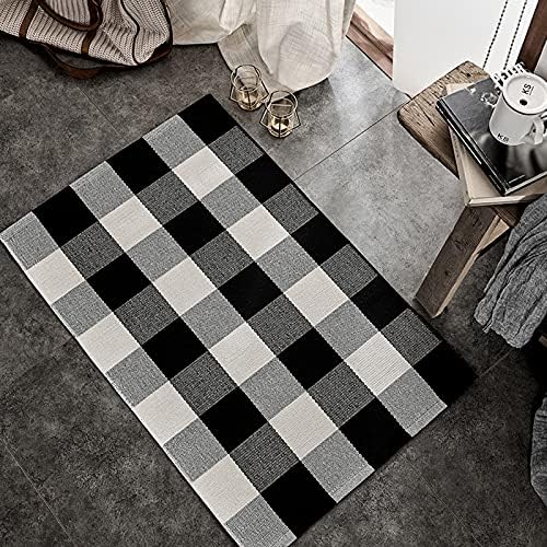 SEEKSEE Fall Decor Buffalo Plaid Outdoor Rug 2' x 3' Black and White Front Door Mat, Layering Rug for Porch, Washable Doormat, Cotton Area Rug for Outdoor Entrance Entryway Patio Porch Decor - Image 5