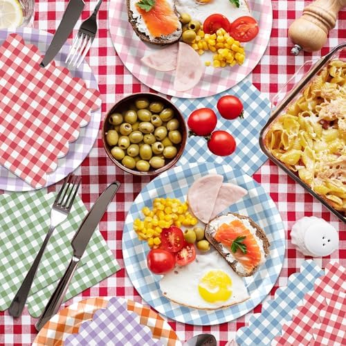 OXYLIPO 48 Pcs Gingham Dessert Paper Plates Set -7 Inch 6 Color Disposable Checkered Tableware | Pastel Round Small Plates for Picnic Wedding Birthday Baby Shower Camping Party Supplies - Image 6