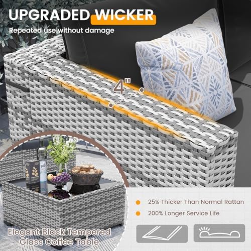 UDPATIO Patio Furniture Set with Fire Pit Table, 8 Pcs Outdoor Sectional Sofa, PE Wicker Patio Conversation Set for Garden, Backyard (Black Cushions with Grey Rattan) - Image 5