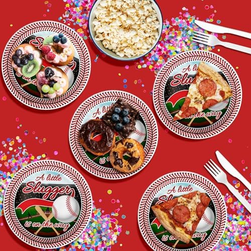 Birthday Galore Little Slugger on the Way Baby Shower - 32 Piece Disposable Party Supplies - Baseball Baby Shower Decorations - Round Party Plates - Large 9" Paper Plates In Bulk - Image 4