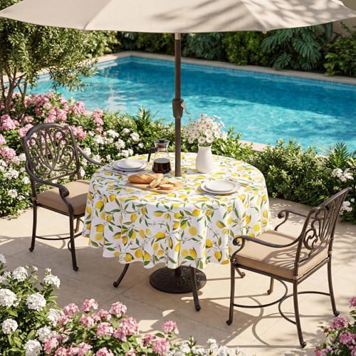 SquarePie 60 inch Round Outdoor Tablecloth with Umbrella Hole - Waterproof Patio Table Cover for Spring Summer Garden Camping Poolside Picnic BBQS, Summer Lemon - Image 6