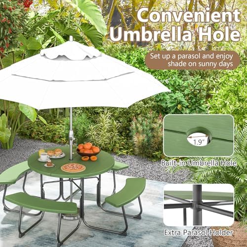 COSTWAY Round Outdoor Picnic Table with Bench Set for 4-8 People (Green) - Image 5