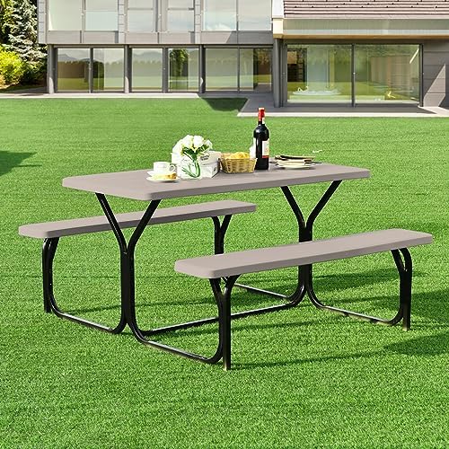 ORALNER Picnic Table, Plastic Dining Table & 2 Benches Set, Weather Resistant Wood Grain Resin Tabletop & Steel Frame, Picnic Tables for Outdoors, Porch Yard Patio Lawn Party Camping (Light Brown) - Image 2