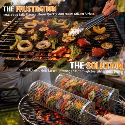 Rolling Grill Basket for BBQ, Removable Wooden Handle, Gifts for Men Dad - Image 3