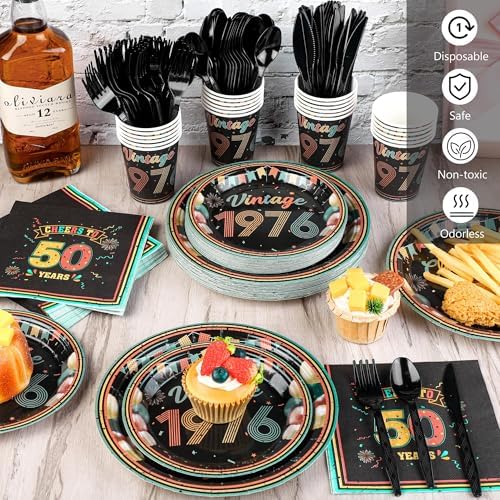 Kochorie 175 Pieces Vintage 50th Birthday Party Supplies Cheers to 50 Years Birthday Party Table Decoration Back in 1976 Tableware Set 7 Inch & 9 Inch Paper Plates Napkins Cups Cutlery Serves 25 - Image 4