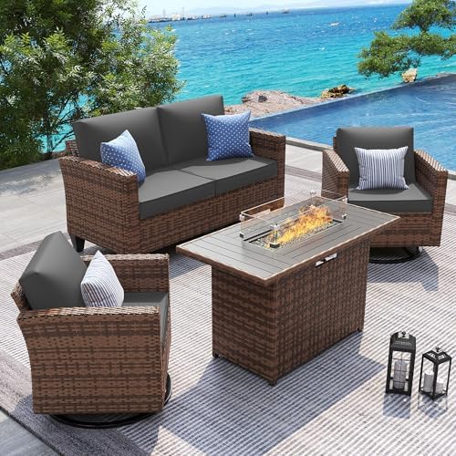 UDPATIO 5 Pieces Patio Furniture Set with Fire Pit Table, Outdoor Furniture Set with Rocking Swivel Chairs, Wicker Patio Set with Waterproof Cover, 4'' Thickened Cushion, Grey by UDPATIO