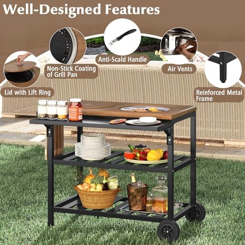 Giantex Outdoor Grill Cart with Korean BBQ Charcoal Grill, Dual Cooking Surfaces, Rolling Food Prep Table with Foldable Side Shelf, Storage Shelves, Wood-Look Top, for Patio, Party & Backyard Cooking - Image 6