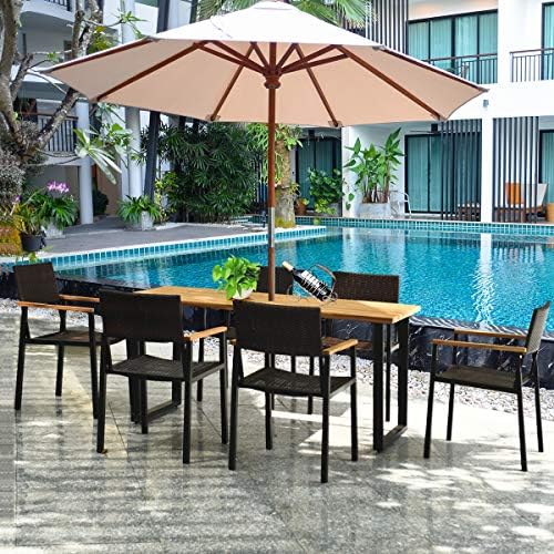 Tangkula 7 Pieces Outdoor Dining Set, Patented Patio Furniture Set w/Large Rectangle Acacia Wood Table Top, Rattan Chairs with Steel Frame, Umbrella Hole, for Backyard Garden - Image 4