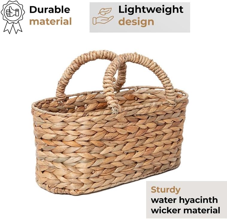 Wicker Storage Basket with Handle Hand-Woven Natural Water Hyacinth Rattan Picnic Caddy Utensil Caddy Countertop Cutlery Holder Silverware Holder Baskets Bags Container for Indoor Outdoor - Image 4