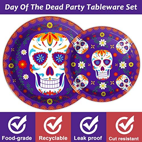 96 Pcs Day of The Dead Tableware Set Colorful Skull Marigold Decors Mexican Fiesta Theme Party Dessert Plates Napkins Forks for Day of The Dead Party 24 Guests - Image 5