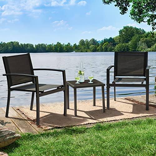 Greesum 3 Pieces Patio Furniture Outdoor Bistro Set Textilene Fabric Chairs for Lawn, Garden, Balcony, Poolside with A Glass Coffee Table, Black - Image 3