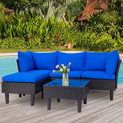 FDW 5-Piece Patio Furniture Set | Blue | Outdoor Wicker Furniture - Image 6