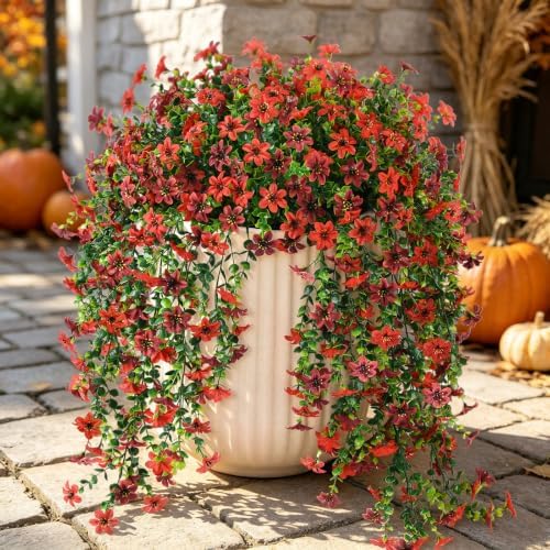 ZFProcess Artificial Hanging Flowers for Outdoors, 2 Pcs Fake Hanging Plant Spring Summer Decor, UV Resistant No Fade Realistic Faux Flower for Front Door Porch Planter Patio Garden Yard(Red Brown) by ZFProcessArtificialFlowers