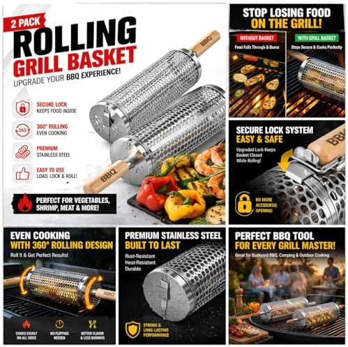 Rolling Grill Basket 2 Pack, Stainless Steel BBQ Gift for Men Dad Husband - Image 5