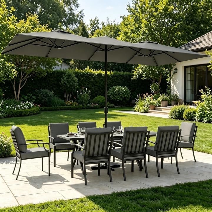 ALAULM 9-Piece Patio Dining Set with 14FT Patio Umbrella,Outdoor Dining Set with 8 Metal Chairs & Rectangle Table with1.5 Umbrella Hole, Patio Dining Table and Chairs for Backyard,Poolsid-Grey by ALAULM