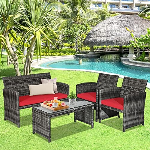 Goplus 4-Piece Rattan Patio Furniture Set, Outdoor Wicker Conversation Sofa with Weather Resistant Cushions and Tempered Glass Tabletop for Lawn Backyard Pool Garden (Red) - Image 6