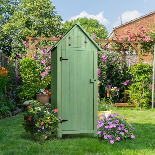 VINGLI Outdoor Wooden Storage Shed, Garden Shed Outside Tool Cabinet with Safety Latch, Patio Storage Organizer (Light Green) - Image 2