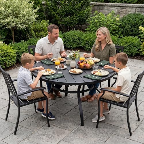 Incbruce Patio Dining Table, 53" Round Table Metal Steel Slat Table with 1.57" Umbrella Hole, for Backyards, Porches, Gardens, or Poolside - Image 6