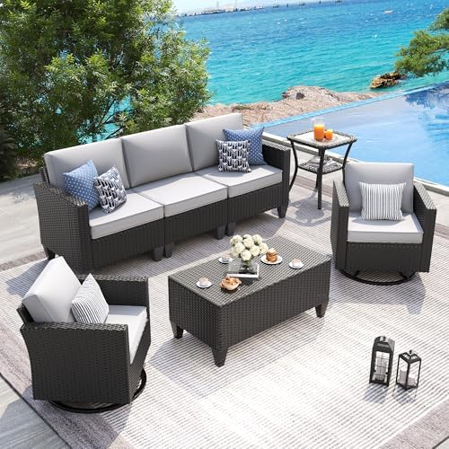 UDPATIO Patio Furniture Set, 5 Pieces Outdoor Conversation Sets with Rocking Swivel Chairs, Wicker Rattan Outdoor Sofa Set with Storage Table and Waterproof Covers for Backyard, Deck, Light Grey by UDPATIO