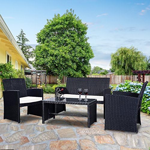Goplus 4-Piece Rattan Patio Furniture Set, Outdoor Wicker Conversation Sofa with Weather Resistant Cushions and Tempered Glass Tabletop for Lawn Backyard Pool Garden (White(Black Wicker)) - Image 2