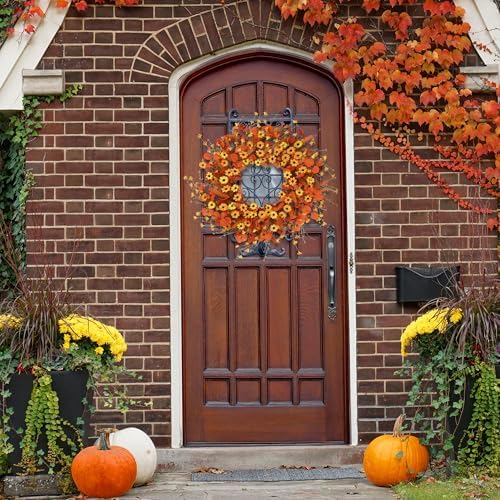 Sggvecsy Fall Wreath 24'' Autumn Harvest Daisy Wreath with Orange Eucalyptus Foam Leaves Grain Daisies Berries for Outside Indoor Home Wall Festival Thanksgiving Decor - Image 5