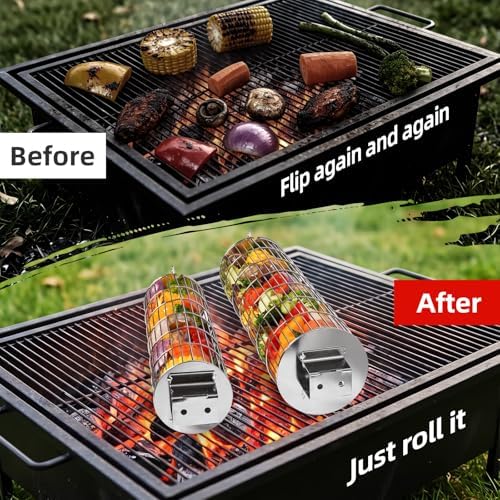 Rolling Grill Basket, SUS304 Stainless Steel, Removable Wooden Handle, Round Cylinder BBQ Grilling Basket, Outdoor Cooking Griller, Smoker Accessories for Vegetable, Gifts for Men Dad - Image 5