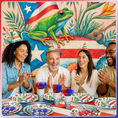 FoldTier 560 Pcs Puerto Rico Party Supplies Disposable Paper Plates Napkins Cups Puerto Rico Theme Birthday Party Decorations Tableware Flag Frog for Holiday Festival Family Serve 80 Guests - Image 4