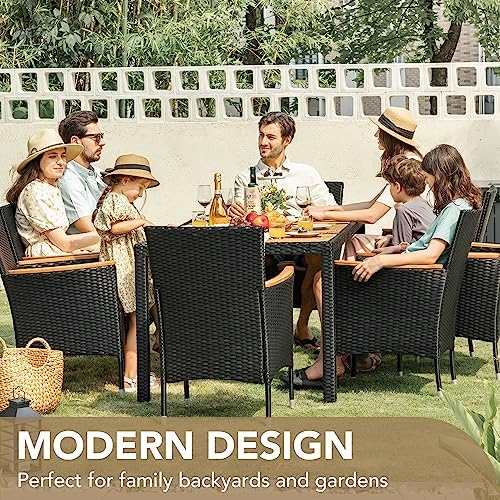 Devoko 9 PCS Acacia Wood Patio Dining Set, Black Rattan - Image 6