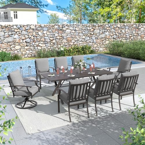 ALAULM 9-Piece Patio Dining Table and Chairs for 8 Outdoor Dining Set with 2 Swivel Chairs Patio Dining Sets with Rectangular Metal Table with Umbrella Hole for Patio, Backyard, Garden-Grey - Image 2