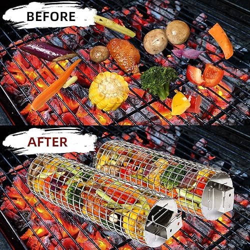 Rolling Grill Basket, SUS304 Stainless Steel, Removable Wooden Handle, Round Cylinder BBQ Grilling Basket, Outdoor Cooking Griller, Smoker Accessories for Vegetable, Gifts for Men Dad - Image 6