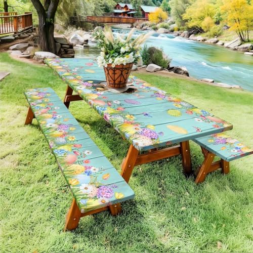 Easter Picnic Table Cover with Bench Covers, Cute Bunny Flower Blue Wooden Board Camping Tablecloth, Waterproof Windproof, Fitted Tablecloth Cover with Elastic Edge, for Outdoor, 3 PCS, 30x72 Inch - Image 3